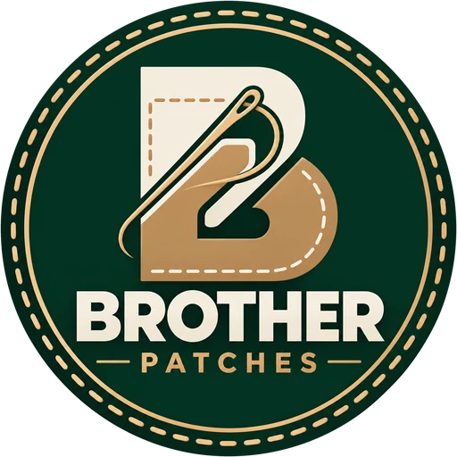 The Brother Patches logo: a B formed from an ivory piece and a leather-tan piece, joined by a needle and gold thread